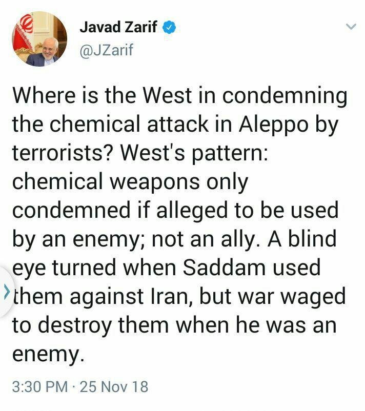 واکنش ظریف به حمله شیمیایی در حلب+عکس